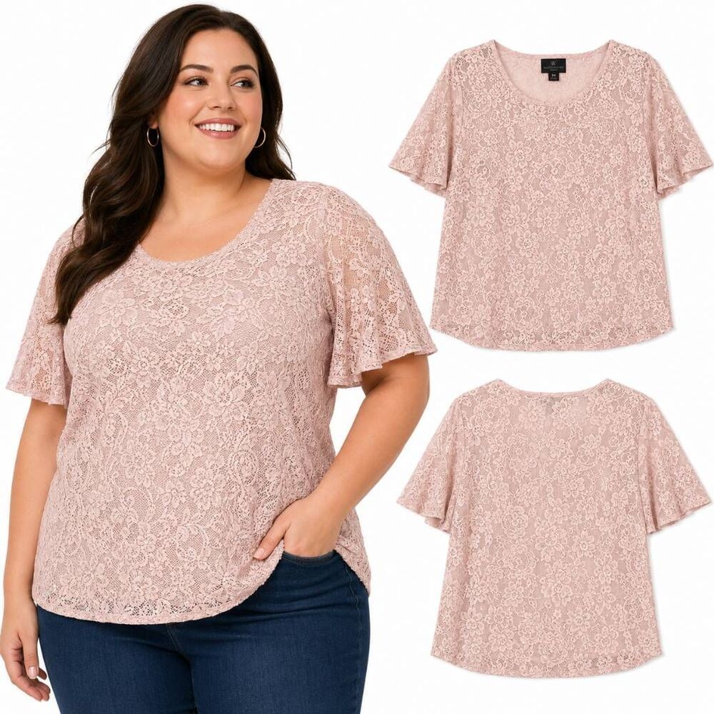 Worthington Size 2X Blush Pink Floral Lace Flutter Top
